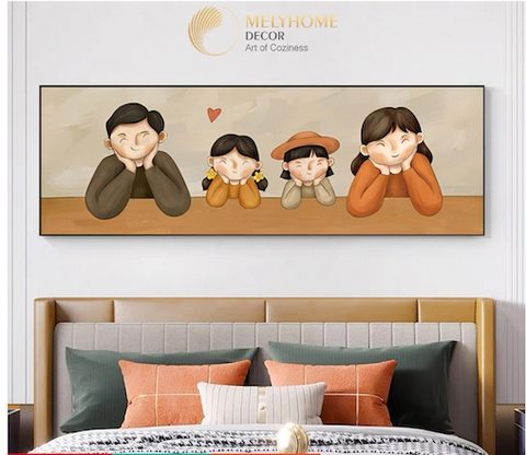 Tranh treo tường đơn ngang Tráng gương / Canvas - Gia Đình Hạnh Phúc Ba Mẹ và 2 Bé Gái- GDDN131