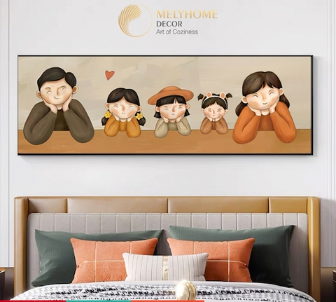 Tranh treo tường đơn ngang Tráng gương / Canvas - Gia Đình Hạnh Phúc Ba Mẹ và 3 Bé Gái- GDDN133
