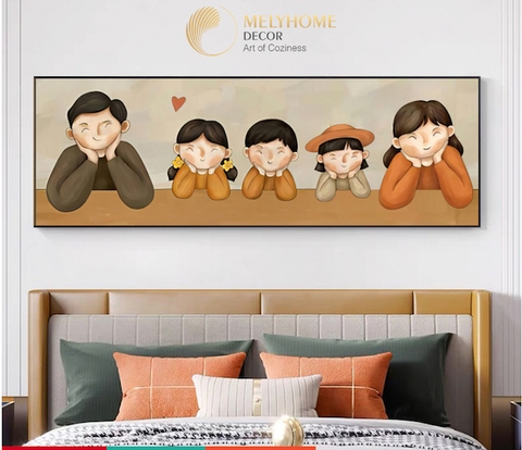 Tranh treo tường đơn ngang Tráng gương / Canvas - Gia Đình Hạnh Phúc Ba Mẹ và 1 Bé Trai và 2 Bé Gái- GDDN134