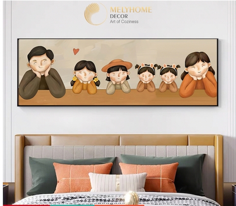 Tranh treo tường đơn ngang Tráng gương / Canvas - Gia Đình Hạnh Phúc Ba Mẹ và 4 Bé Gái- GDDN131
