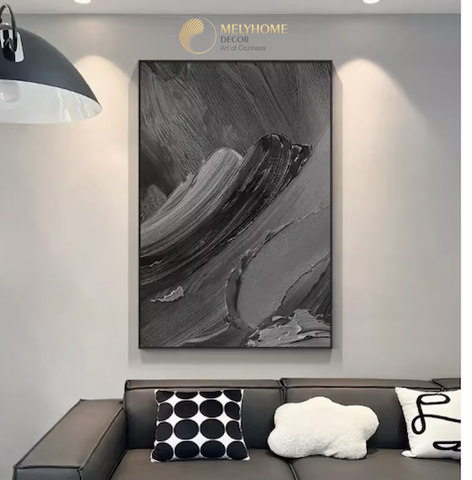 Tranh Đơn Dọc Treo Tường Tráng Gương / Canvas Cao Cấp Trừu Tượng Nghệ thuật Đen Phong Cách Sơn Dầu Tối Giản TTDN2314- MELYHOME