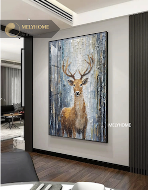 Tranh Đơn Dọc Treo Tường Tráng Gương / Canvas Cao Cấp Hươu Nai Tài Lộc Phong Thuỷ in Kiểu Sơn Dầu- HU231