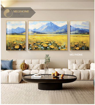 Bộ 3 Tranh Treo Tường Tráng gương / Canvas Cao Cấp -Cánh Đồng Hoa Phong Cảnh Núi Rừng Bình Yên- Kiểu mới- 4668-1