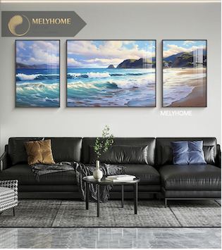 Bộ 3 Tranh Treo Tường Tráng gương / Canvas Cao Cấp -Sóng Biển- Kiểu mới- 4668-1