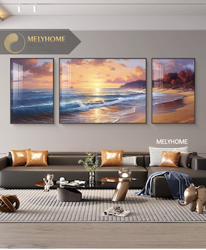 Bộ 3 Tranh Treo Tường Tráng gương / Canvas Cao Cấp -Sóng Biển- Kiểu mới- 4668-2