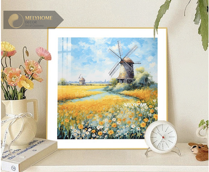 Tranh treo tường đơn vuông- Tráng gương Cao Cấp Cánh Đồng Hoa Châu Âu Sơn Dầu Cối Xoay Gió -2