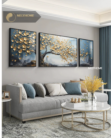 Bộ 3 Tranh Treo Tường Tráng gương / Canvas Cao Cấp -Sơn Dầu Cây Xanh- Kiểu mới- 4668-2