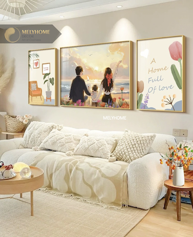 Bộ 3 Tranh Treo Tường Tráng gương / Canvas Cao Cấp -Gia Đình Tình Yêu Hạnh Phúc Vợ Chồng 1 Bé Gái - Kiểu mới- 4668-1