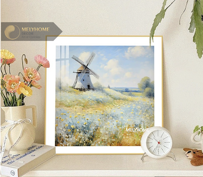 Tranh treo tường đơn vuông- Tráng gương Cao Cấp Cánh Đồng Hoa Châu Âu Sơn Dầu Cối Xoay Gió -1