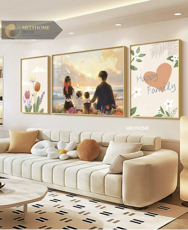 Bộ 3 Tranh Treo Tường Tráng gương / Canvas Cao Cấp -Gia Đình Tình Yêu Hạnh Phúc Vợ Chồng 1 Bé Gái và 1 Bé Trai- Kiểu mới- 4668-1