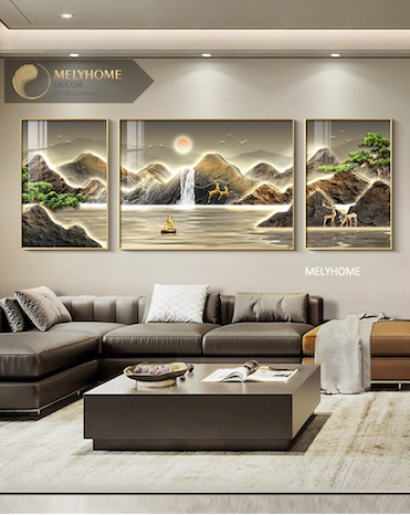 Bộ 3 Tranh Treo Tường Tráng gương / Canvas Cao Cấp -Sông Núi Hữu Tình Hươu Nai Tài Lộc Ánh Trăng Cây Xanh- Kiểu mới- 4668-1
