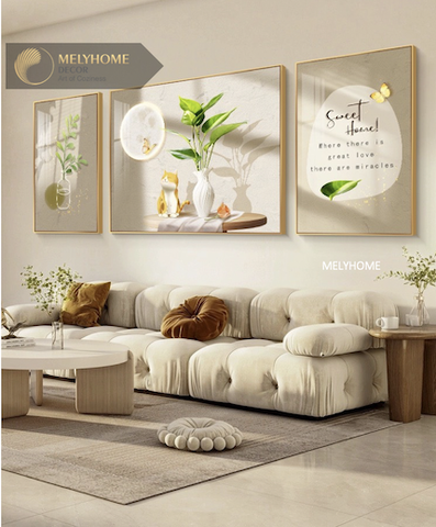 Bộ 3 Tranh Treo Tường Tráng gương / Canvas Cao Cấp -Lọ Hoa Cây Thạch Nam Ánh Trăng Cây Xanh- Kiểu mới- 4668-1