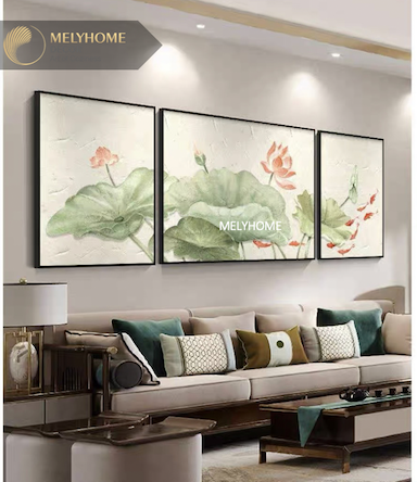 Bộ 3 Tranh Treo Tường Tráng gương / Canvas Cao Cấp -Hoa Sen Tao Nhã Cá Chép- Kiểu mới- 4668-2