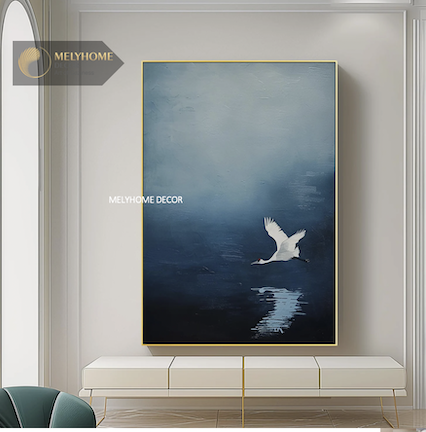 Tranh Xanh Dương Biển Chim Trời Boho Minimalist Wabi Sabi Nhật Bản Tối Giản Đơn Dọc Treo Tường Tráng Gương / Canvas Cao Cấp Trang trí Phòng Học Bàn ăn