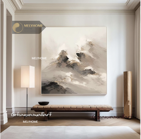 Tranh treo tường đơn vuông- Tráng gương Cao Cấp Phong Cảnh Núi Trừu tượng Trắng Đen In Kiểu Sơn Dầu Wabi sabi Tối Giản Minimalist - MELYHOME DECOR
