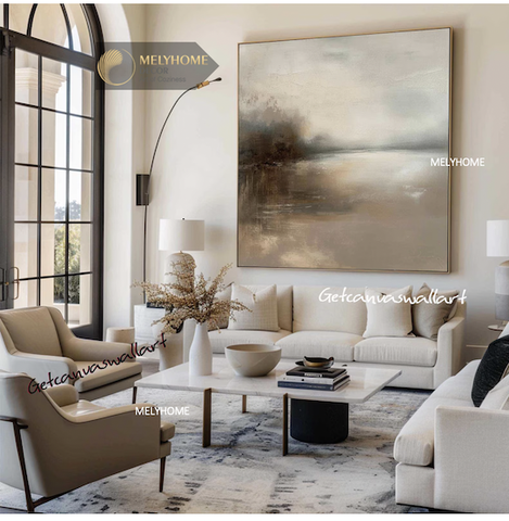 Tranh treo tường đơn vuông- Tráng gương Cao Cấp Be Trắng In Kiểu Sơn Dầu Wabi sabi Tối Giản Minimalist - MELYHOME DECOR