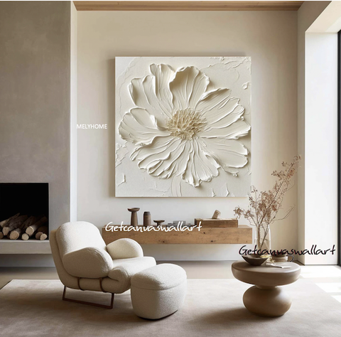 Tranh treo tường đơn vuông- Tráng gương Cao Cấp Hoa Giả Nổi 3D Be Trắng In Kiểu Sơn Dầu Wabi sabi Tối Giản Minimalist - MELYHOME DECOR