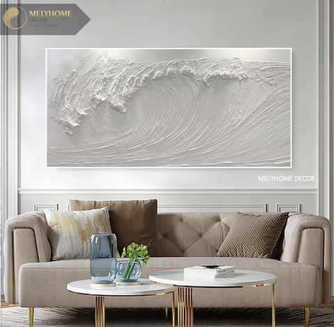 Tranh Đơn Ngang Trừu Tượng Trắng Sóng Biển In Phẳng Giả vẽ 3D Tối Giản Minimalist Wabi sabi Treo Tường Tráng gương trang trí phòng khách sạn, phòng ngủ