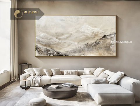 Tranh Đơn Ngang Trừu Tượng Núi Be Xám Trắng Tối Giản Minimalist Wabi sabi Treo Tường Tráng gương trang trí phòng khách sạn, phòng ngủ