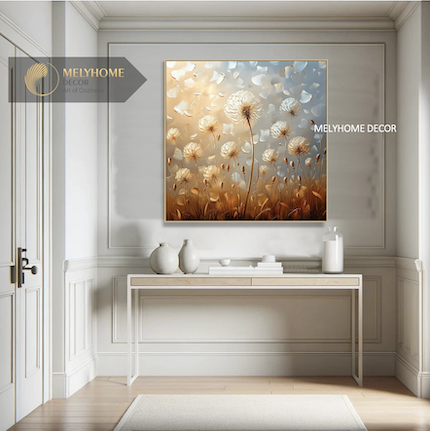 Tranh treo tường đơn vuông- Tráng gương Cao Cấp Hoa Bồ Công Anh Trừu tượng IN Kiểu Sơn Dầu Wabi sabi Tối Giản Minimalist - MELYHOME DECOR