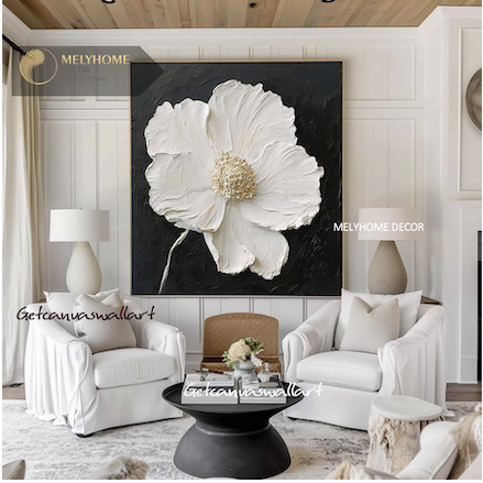 Tranh treo tường đơn vuông- Tráng gương Cao Cấp Trắng Đen Hoa Trừu tượng IN Kiểu Sơn Dầu Wabi sabi Tối Giản Minimalist - MELYHOME DECOR