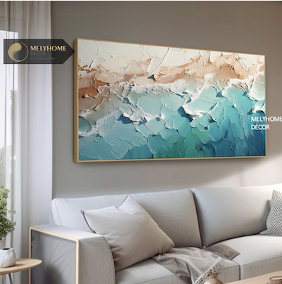 Tranh Đơn Ngang Trừu Tượng Xanh Dương Sóng Biển In Phẳng Giả vẽ 3D Tối Giản Minimalist Wabi sabi Treo Tường Tráng gương trang trí phòng khách sạn, phòng ngủ