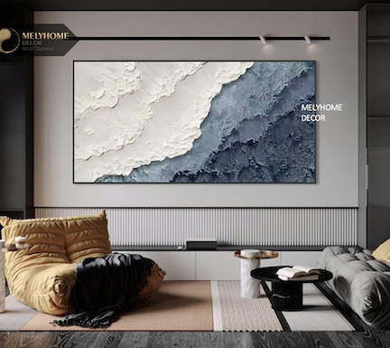 Tranh Đơn Ngang Trừu Tượng Sóng Biển in giả nổi 3D trắng Xanh Tối Giản Minimalist Wabi sabi Treo Tường Tráng gương trang trí phòng khách sạn, phòng ngủ