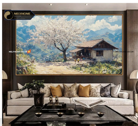 Tranh Đơn Ngang Trừu Tượng Đồi Hoa Mận Trắng Núi Rừng Tây Bắc Hà Giang Sapa Mộc Châu Việt Nam Du Lịch In kiểu phong cách Sơn Dầu Treo Tường Tráng gương Trang trí phòng khách sạn nhà hàng