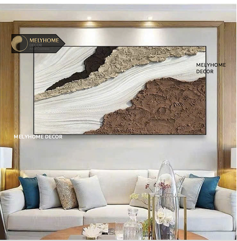 Tranh Đơn Ngang Trừu Tượng Be Nâu Đất Dạng Sóng In Phẳng Giả Nổi 3D Tối Giản Minimalist Wabi sabi Nhật Bản Treo Tường Tráng gương trang trí phòng khách sạn, phòng ngủ