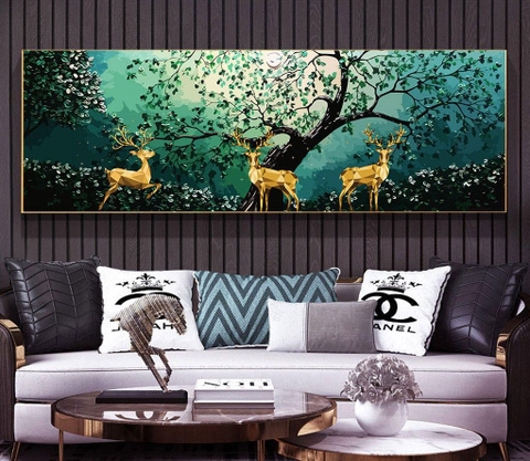 Tranh treo tường đơn ngang canvas Tráng gương- Hươu Nai Tài Lộc tỷ lệ 1:3 -1