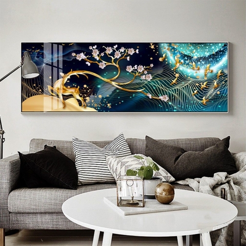 Tranh treo tường đơn ngang canvas Tráng gương- Hươu Nai Tài Lộc tỷ lệ 1:3 -4