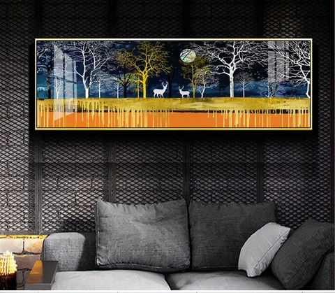 Tranh treo tường đơn ngang canvas Tráng gương- Hươu Nai Tài Lộc tỷ lệ 1:3 -6