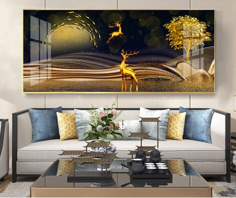 Tranh Đơn Ngang Treo Tường Tráng gương Phong Thuỷ Hươu Nai Tài Lộc hiện đại- tỷ lệ 1:2 -8