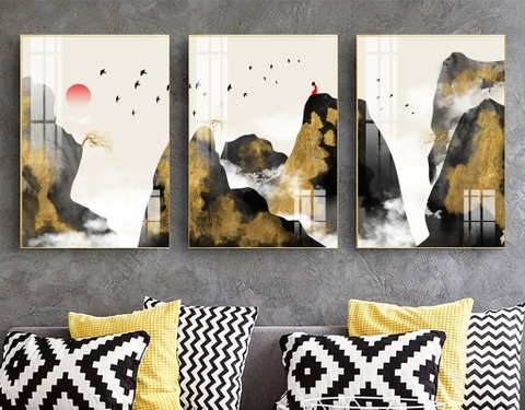 Bộ 3 tranh treo tường Tráng gương cao cấp phong thuỷ phong cảnh núi rừng sư tử -6