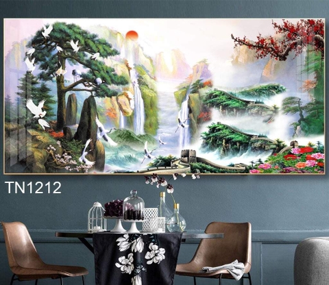 Tranh Đơn Ngang Treo Tường Tráng gương Phong Thuỷ - Tùng Hạc- tỷ lệ 1:2 -1