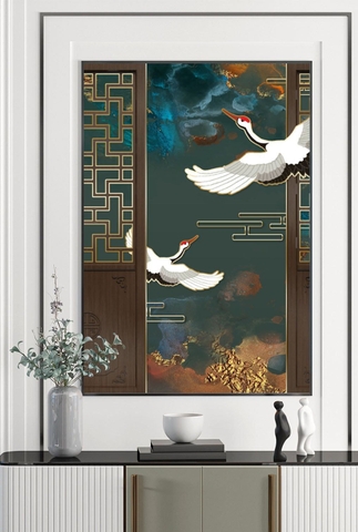 Tranh đơn treo tường Phong Thuỷ Tráng gương Cao Cấp - Tùng Hạc Hiện Đại -  tỷ lệ 2:3 -5