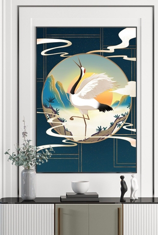 Tranh đơn treo tường Phong Thuỷ Tráng gương Cao Cấp - Tùng Hạc Hiện Đại -  tỷ lệ 2:3 -8