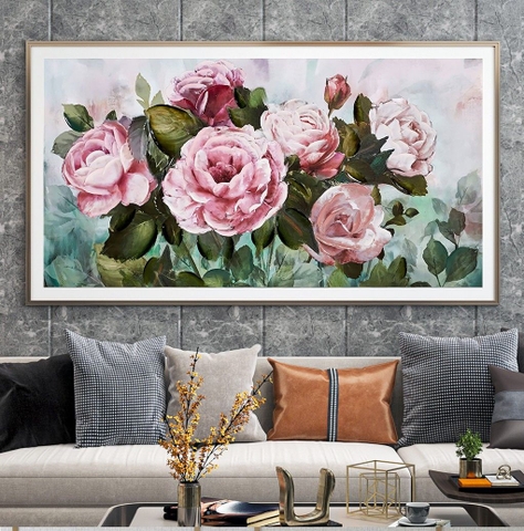 Tranh Đơn Ngang Treo Tường Tráng gương Phong Thuỷ - Hoa Mẫu Đơn- tỷ lệ 1:2 -3