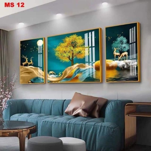Bộ 3 tranh treo tường phong thuỷ Tráng gương cao cấp tranh Hươu Nai Tài Lộc Hiện Đại -Kiểu mới- 1