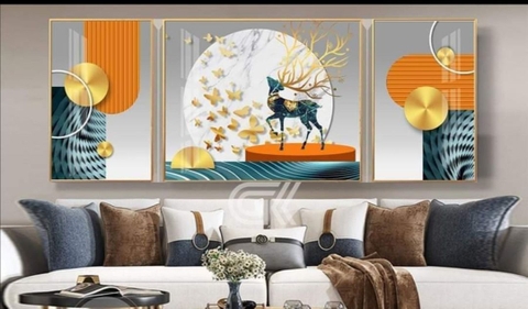 Bộ 3 tranh treo tường phong thuỷ Tráng gương cao cấp tranh Hươu Nai Tài Lộc Hiện Đại -Kiểu mới- 2
