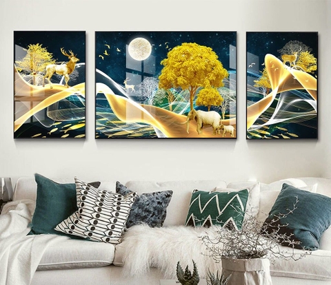 Bộ 3 tranh treo tường phong thuỷ Tráng gương cao cấp - Hươu Nai Tài Lộc Hiện Đại -Kiểu mới- 6