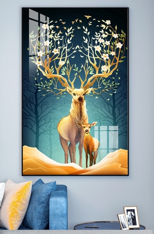 Tranh đơn treo tường Tráng gương Cao Cấp - Hươu nai tài vượn tỷ lệ 2:3 -12