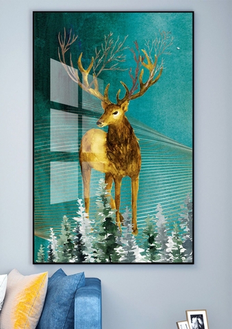 Tranh đơn treo tường Tráng gương Cao Cấp - Hươu nai tài lộc tỷ lệ 2:3 -18