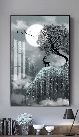 Tranh đơn treo tường Tráng gương Cao Cấp - Hươu nai tài lộc tỷ lệ 2:3 -17