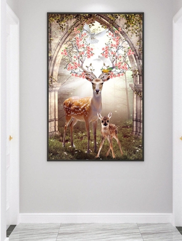 Tranh đơn treo tường Tráng gương Cao Cấp - Hươu nai tài lộc tỷ lệ 2:3 -14