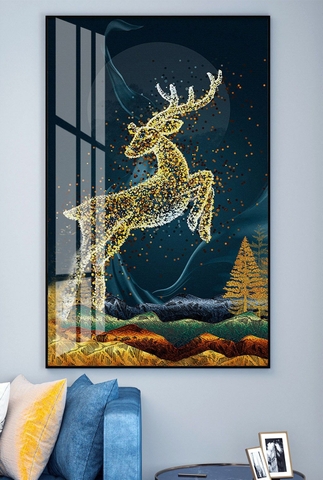 Tranh đơn treo tường Tráng gương Cao Cấp - Hươu nai tài lộc tỷ lệ 2:3 -15