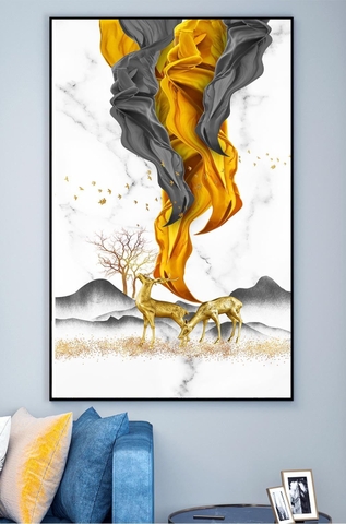 Tranh đơn treo tường Tráng gương Cao Cấp - Hươu nai tài lộc tỷ lệ 2:3 -16