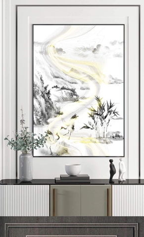 Tranh treo tường đơn dọc canvas Tráng gương thuỷ mặc núi rừng (tỷ lệ 2:3) -2