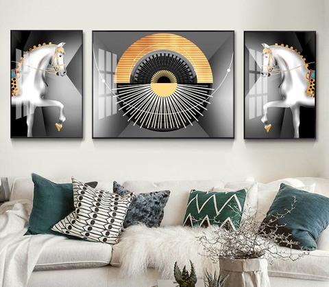 Bộ 3 tranh treo tường phong thuỷ Tráng gương cao cấp tranh Ngựa Hiện Đại -21