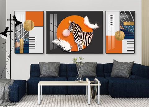 Bộ 3 tranh treo tường phong thuỷ Tráng gương cao cấp tranh Ngựa Vằn Hiện Đại -22